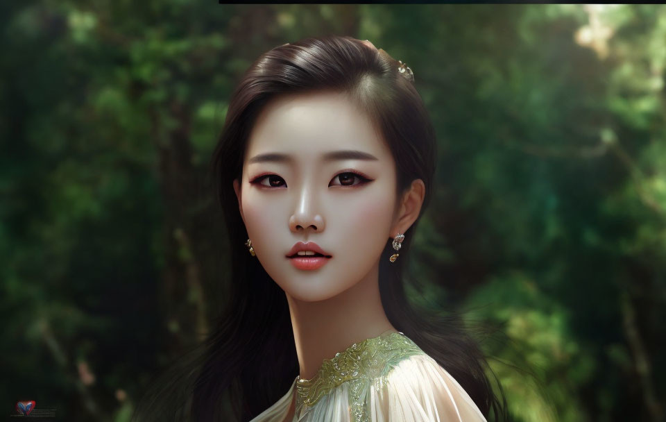 Digital Painting: Woman with Dark Hair and Elegant Earrings in Nature Setting