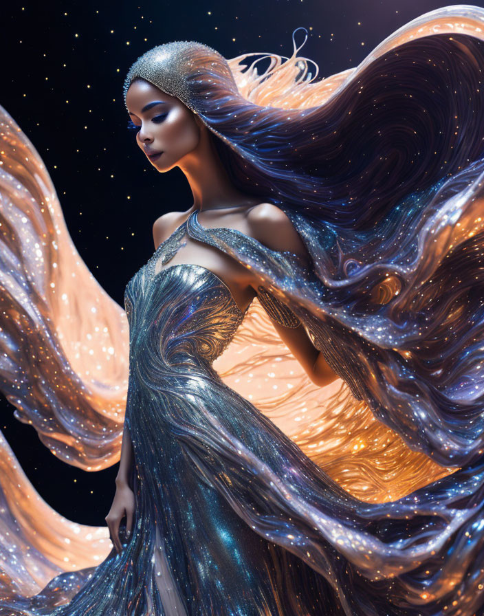 Graceful woman with luminous hair in silver dress against starry backdrop