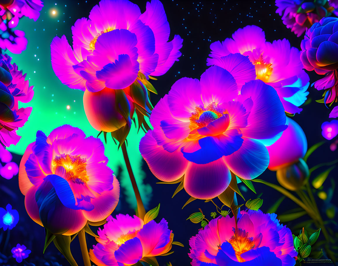 Neon-colored peony flowers in full bloom against a starry, glowing background