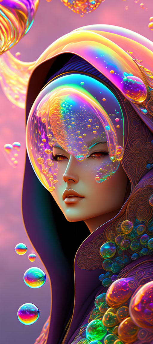 Futuristic digital artwork of woman in helmet with iridescent bubbles