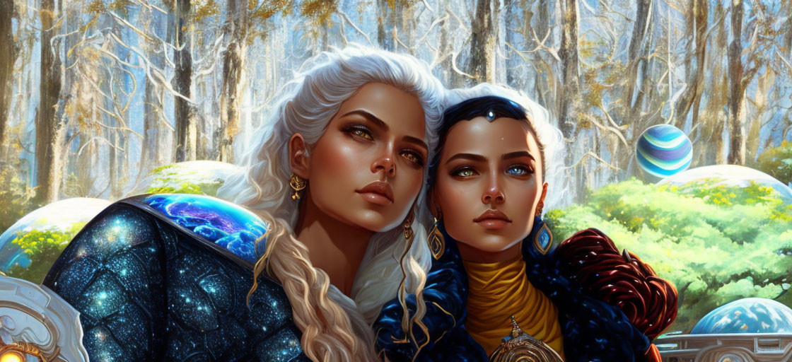 Fantasy women with ethereal appearances in celestial forest landscape