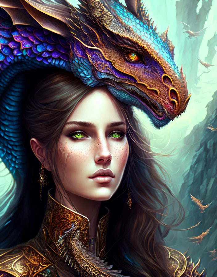 Woman with freckles and blue-scaled dragon surrounded by green eyes and floating feathers