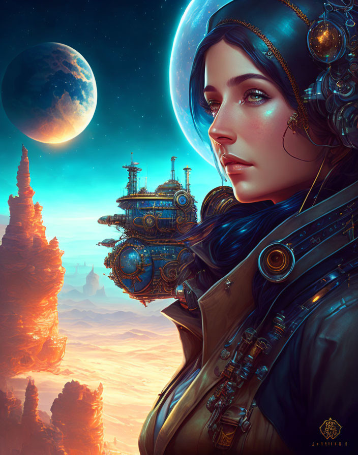 Futuristic space suit woman with moon, advanced structures, and alien landscape.
