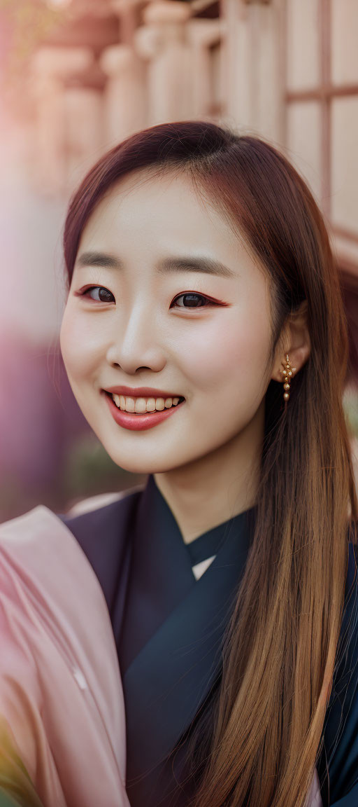 Smiling woman in pink Hanbok with gold earrings outdoors