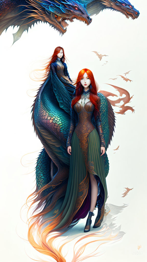 Illustration of two women with long hair and a colorful dragon in a vibrant setting.
