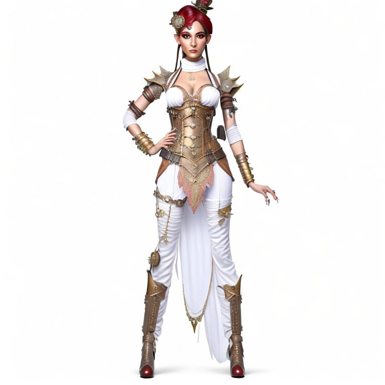 Fantasy female character in brass-accented armor and ornate headdress