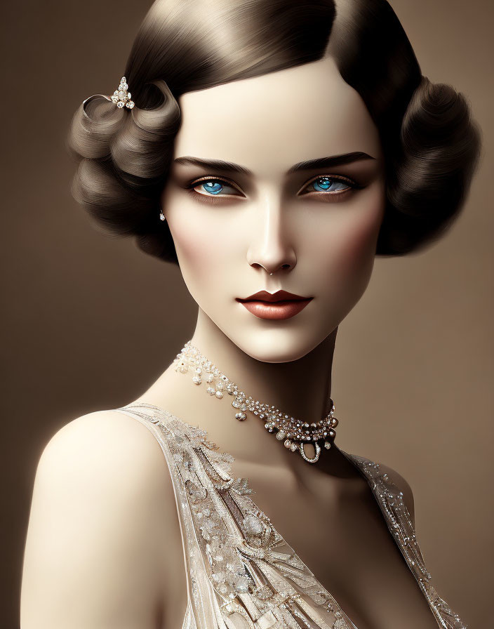 Portrait of Woman with Striking Blue Eyes and Vintage Style Portrait.