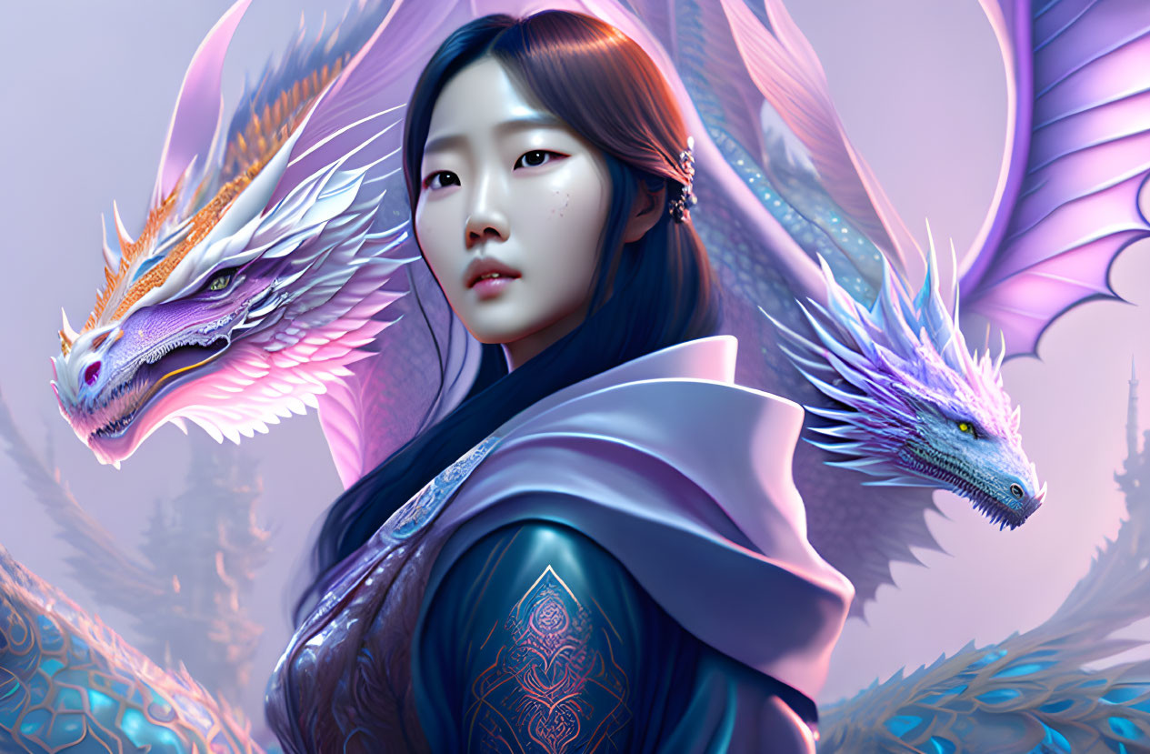 Woman with Long Black Hair Faces Purple and Blue Dragons in Intricate Armor