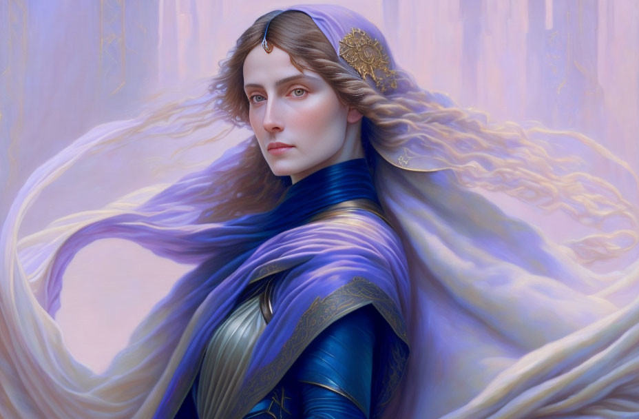 Ethereal woman in blue and gold armor on purple background