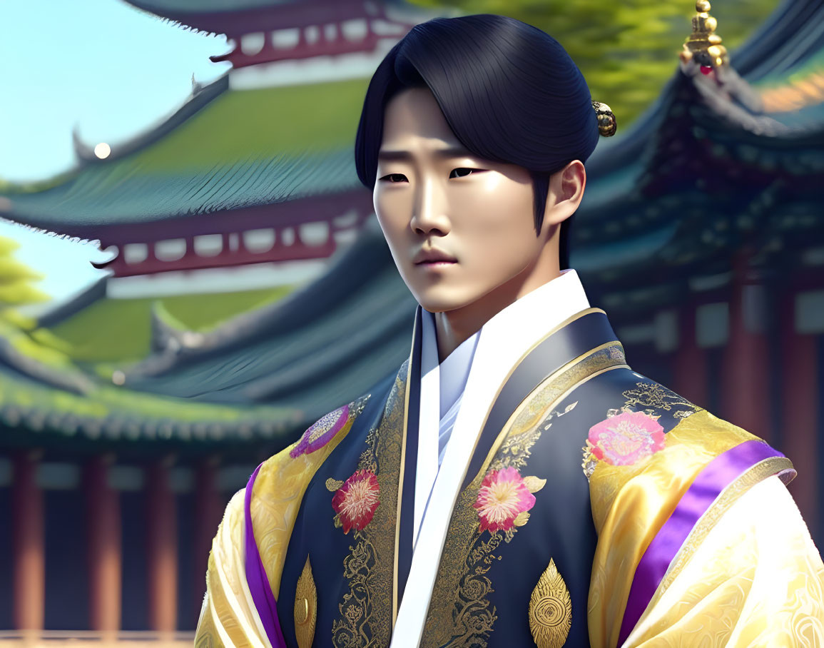 Traditional Korean Hanbok Man Illustration with Topknot Hairstyle and Historic Temple Background