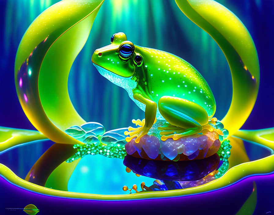 Colorful digital artwork featuring a green frog on crystalline structure with swirling leaves and purple backdrop