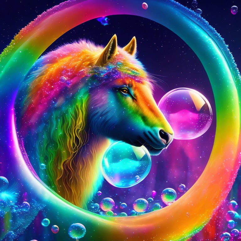 Colorful Wolf with Rainbow Mane in Neon Ring on Cosmic Background
