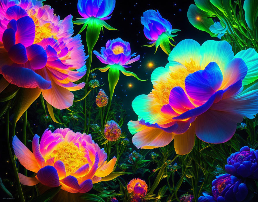 Neon-lit flowers with luminous petals in starry night scene