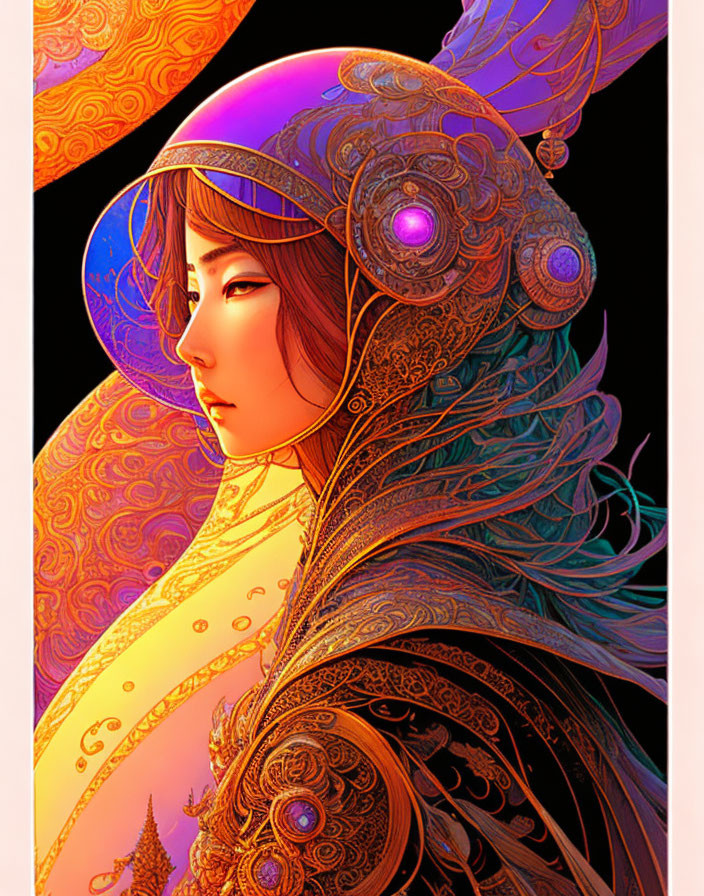 Colorful illustration of a woman with ornate headdress and metallic accents.