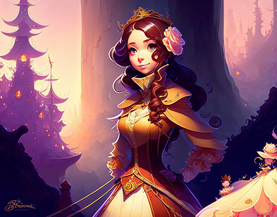 Stylized female character in golden gown with large eyes, fantasy backdrop and glowing trees