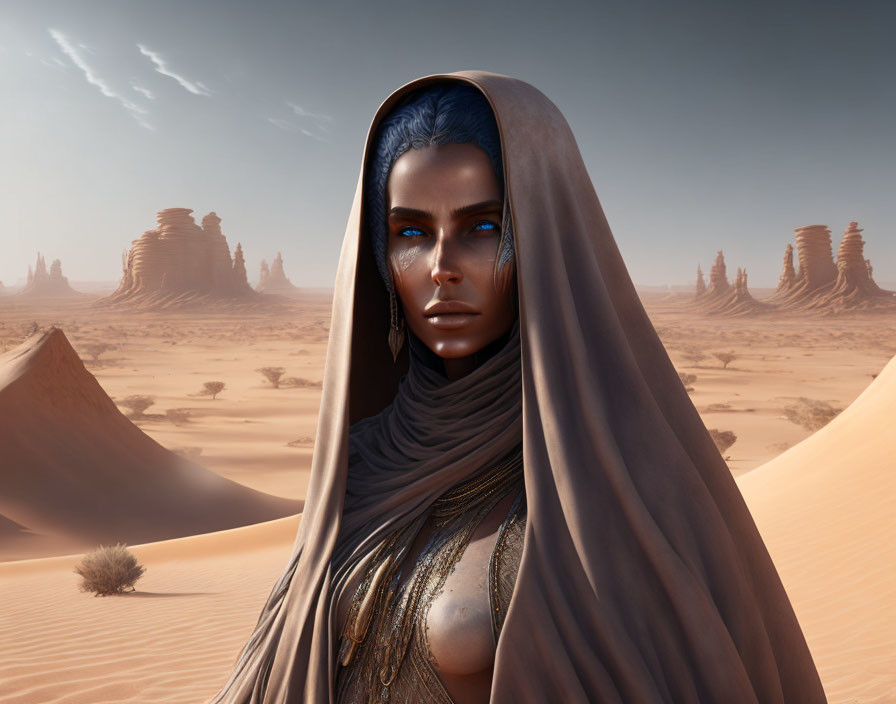 Digital artwork: Blue-skinned figure with gold accents in desert landscape