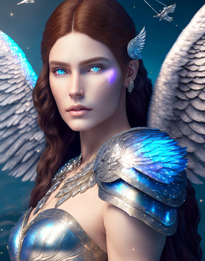 Fantasy digital artwork: Glowing blue-eyed figure with wings and ornate armor
