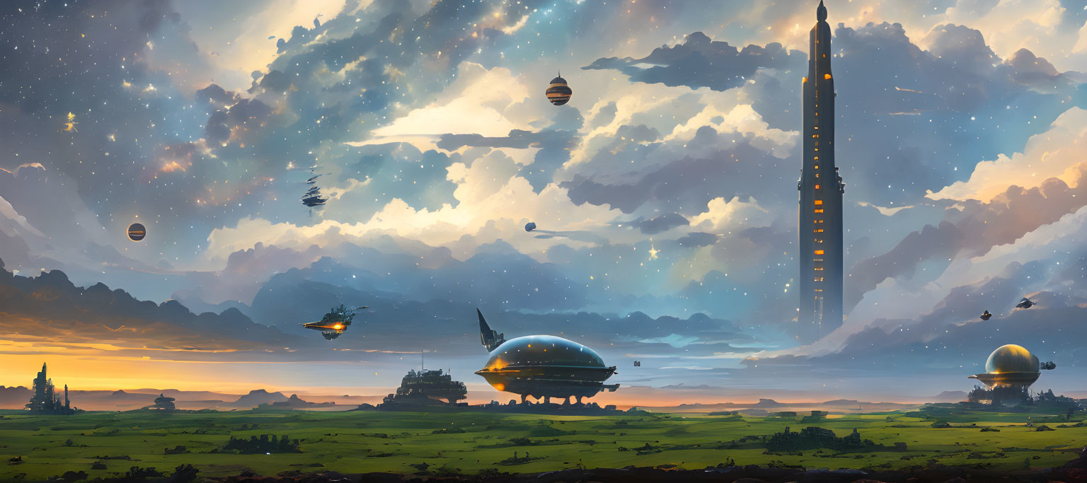 Panoramic sci-fi landscape with futuristic towers and flying vessels