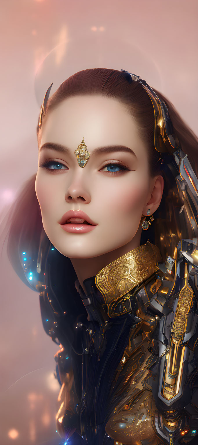 Illustration of Woman in Futuristic Armor with Striking Blue Eyes