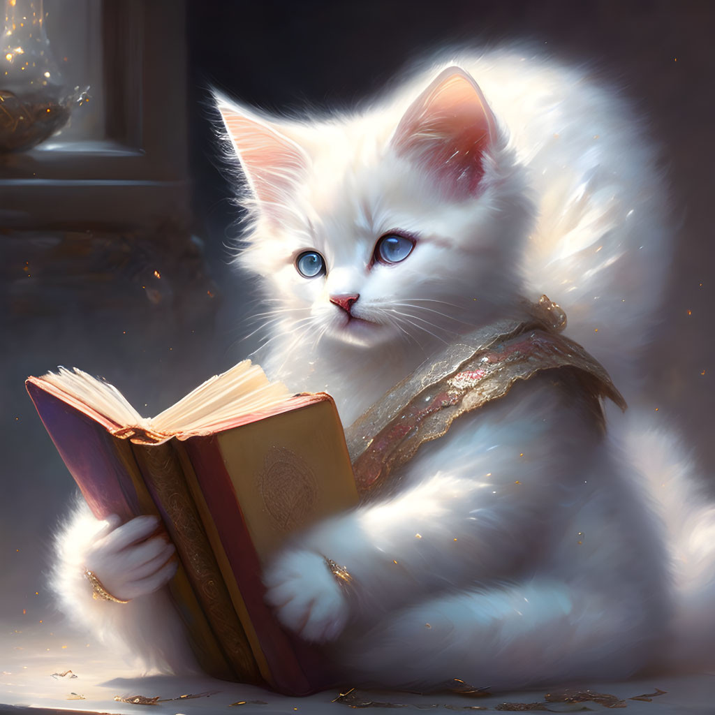 Fluffy white kitten with blue eyes holding an open book in cozy light