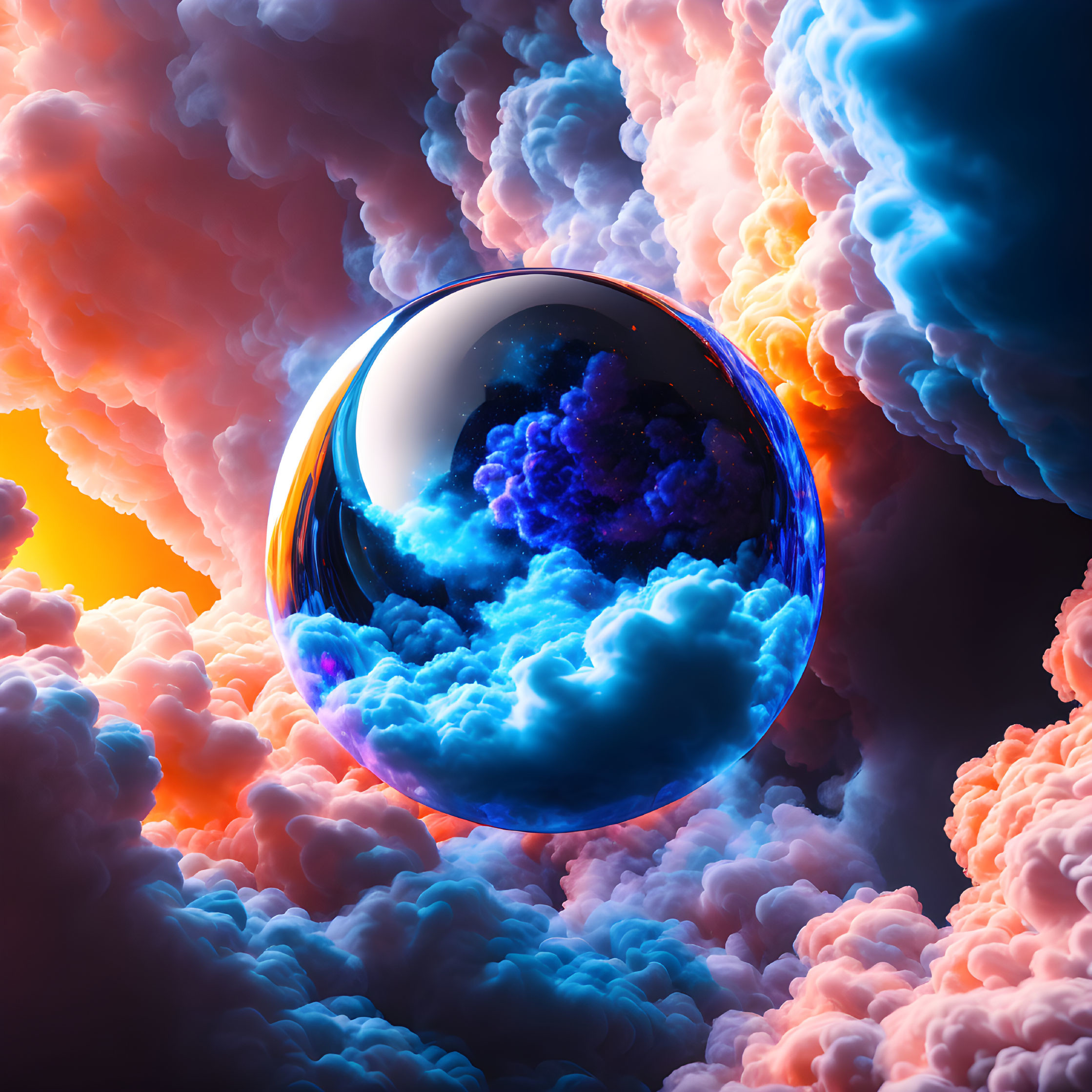 Colorful Bubble Floating in Fiery Orange and Cool Blue Skyscape