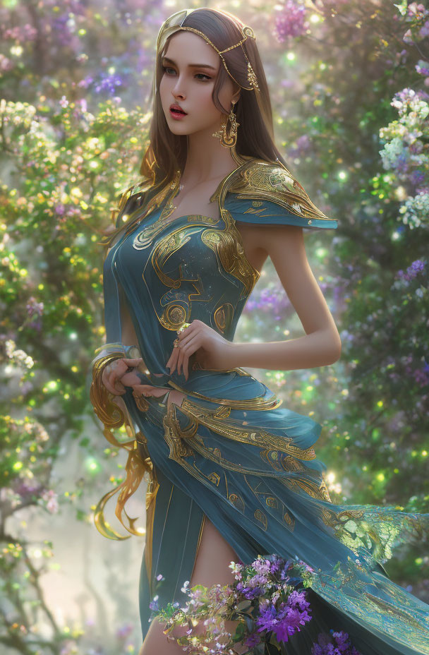 Ethereal woman in teal and gold dress in blooming garden