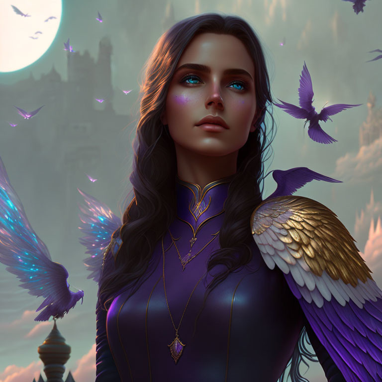 Fantasy painting of woman with blue eyes, purple birds, castle, full moon