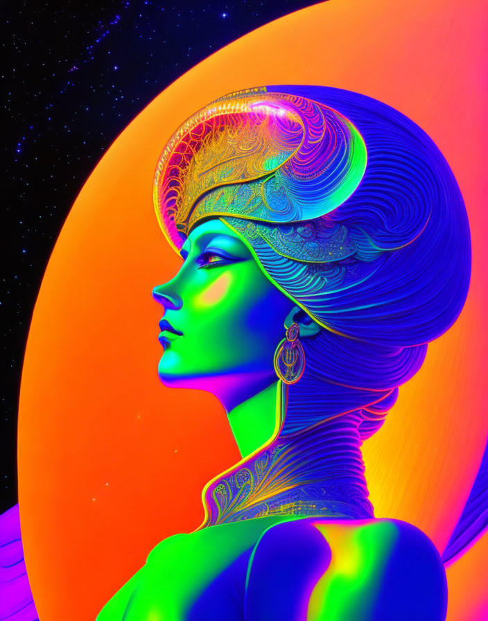 Colorful Side Profile Illustration of Woman with Elaborate Headgear on Cosmic Background