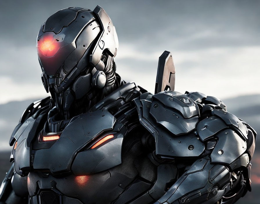Robotic figure in metallic armor suit with glowing red eye and intricate detailing.
