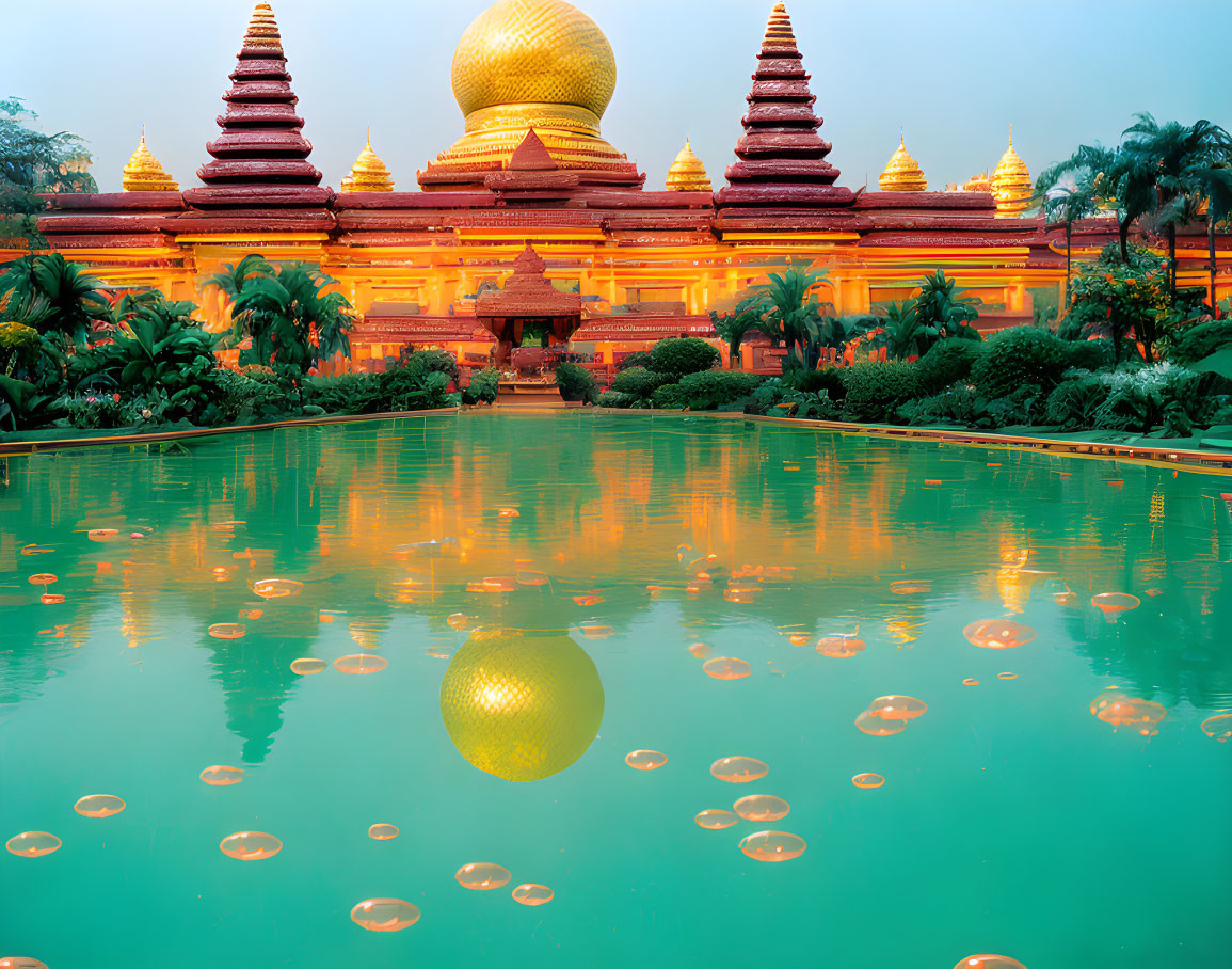 Tranquil Pond with Golden Spheres and Red Pagodas in Greenery