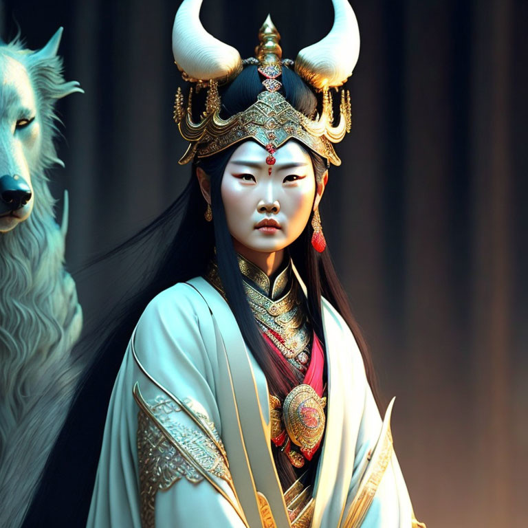 Regal East Asian figure in ornate attire with white wolf symbolizes mystique.