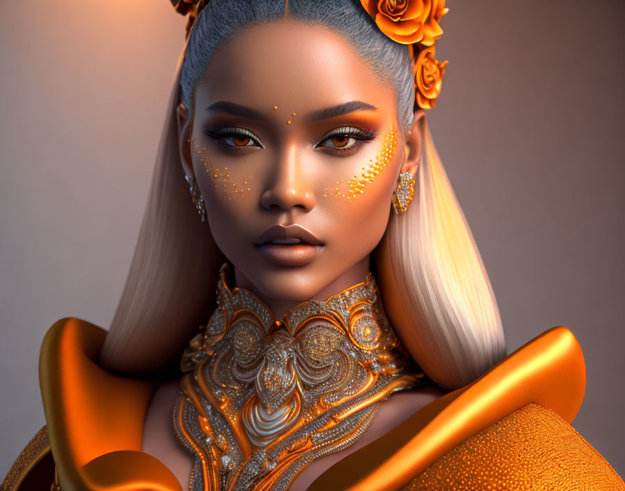 Digital artwork featuring woman with grey hair, orange flowers, gold makeup, and ornate collar