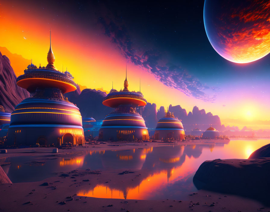 Alien Shore with Futuristic Domed Buildings and Rising Planet