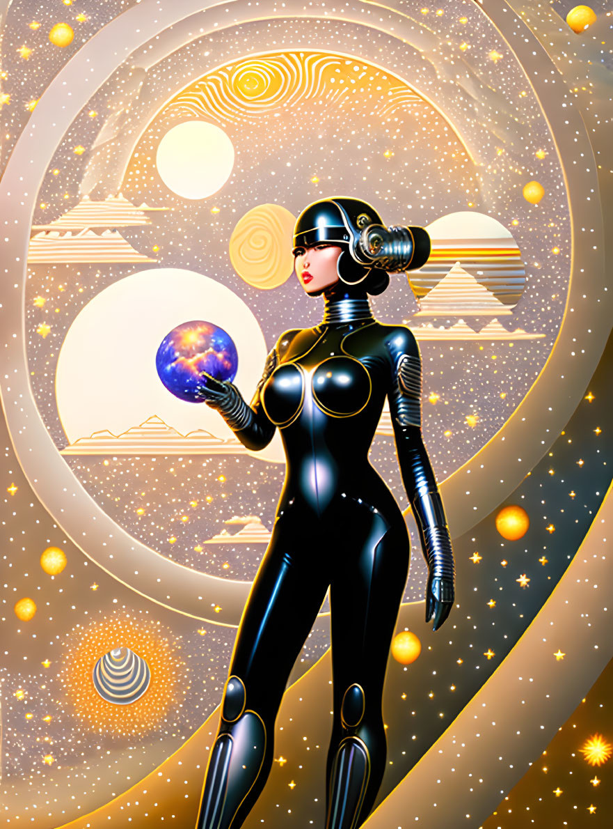 Futuristic female android with glowing orb in cosmic scene