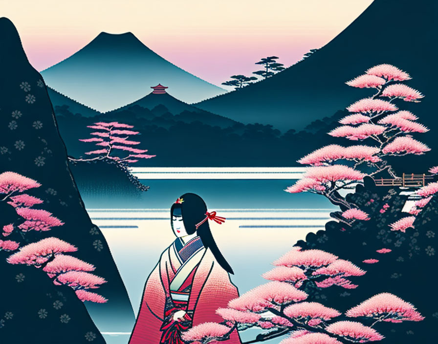 Illustration of woman in Japanese attire by lake with Mt. Fuji & cherry blossoms