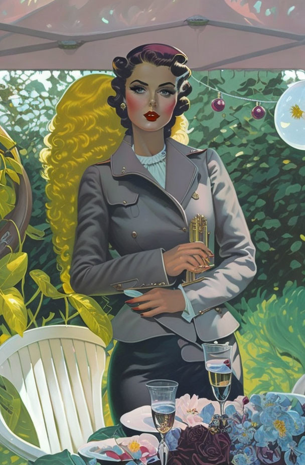 Vintage Fashion Illustration: Woman in Grey Suit and Pearls Under Garden Umbrella