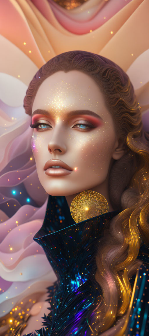Cosmic-themed digital art portrait of a woman with glittery makeup and star-patterned outfit