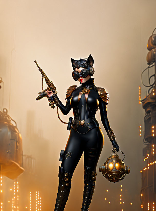 Person in black cat-themed costume with steampunk weapon in industrial setting
