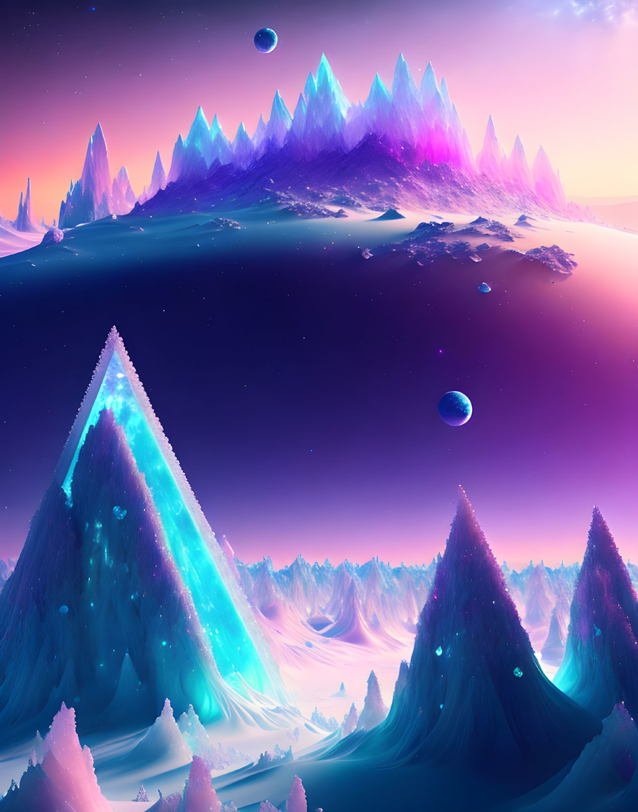 Luminous crystalline mountains in vibrant alien landscape