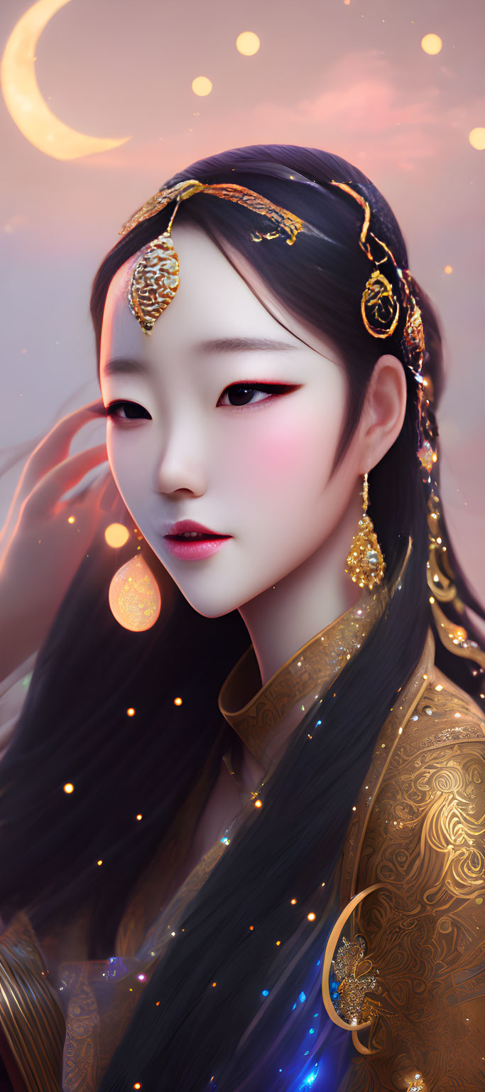 Illustrated portrait of a woman with traditional Asian features and gold jewelry in warm glow