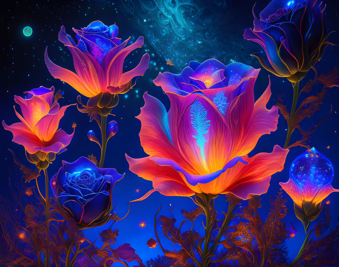 Neon flowers digital art on cosmic background