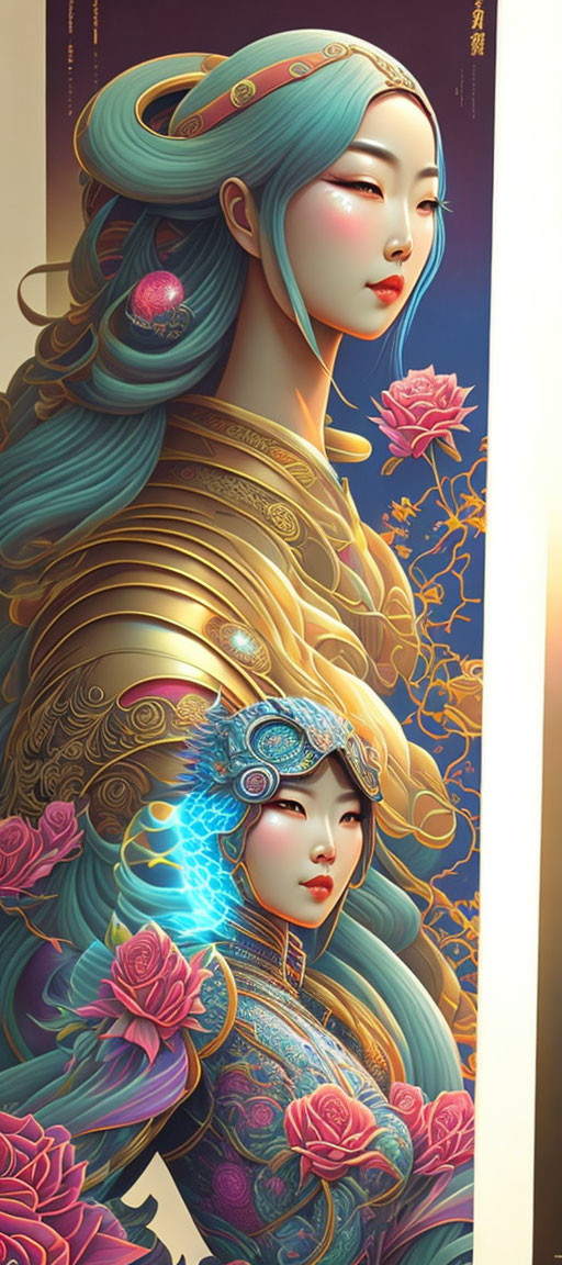 Illustration of two women in golden armor with Asian features and blue flowers.