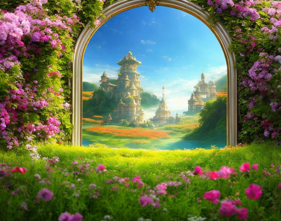 Lush garden archway leading to fantasy castle in serene setting