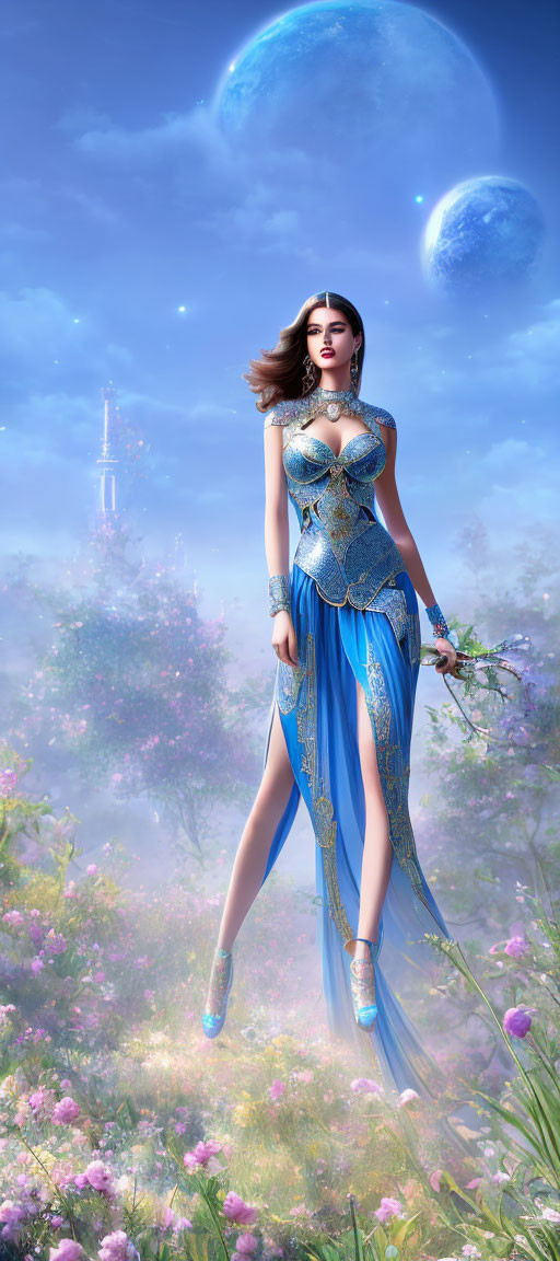 Digital artwork: Woman in blue fantasy costume among flowers with two moons and tower in background