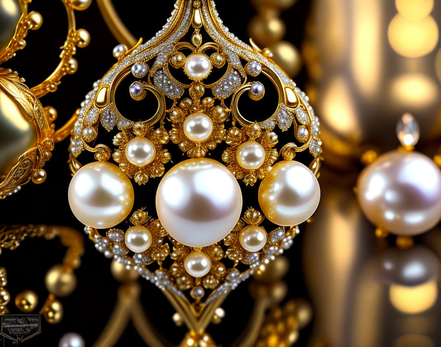 Luxurious Golden Jewelry Piece with Pearls and Diamonds on Blurred Background