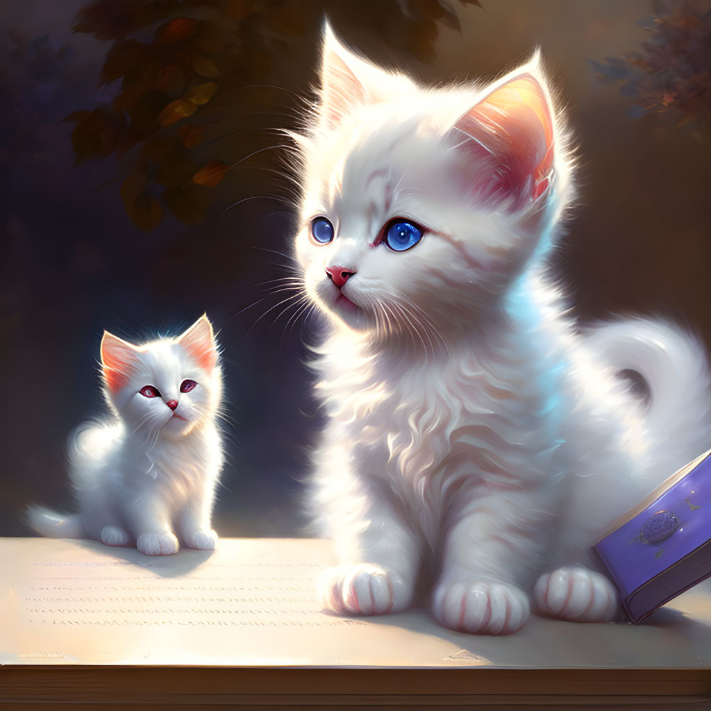 Fluffy kittens with blue eyes next to an open book