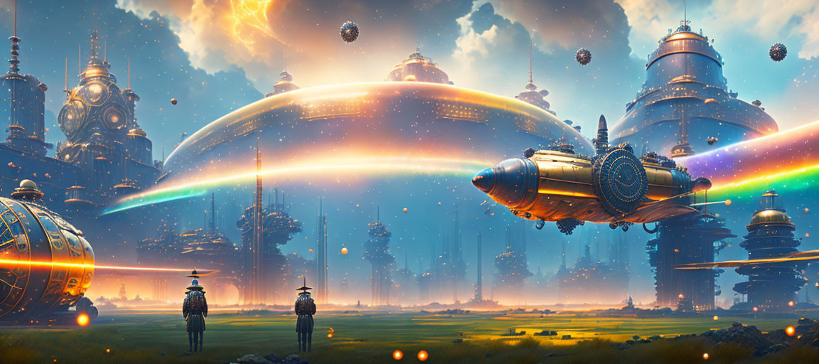 Futuristic landscape with figures, spaceships, advanced structures, and hovering orbs.