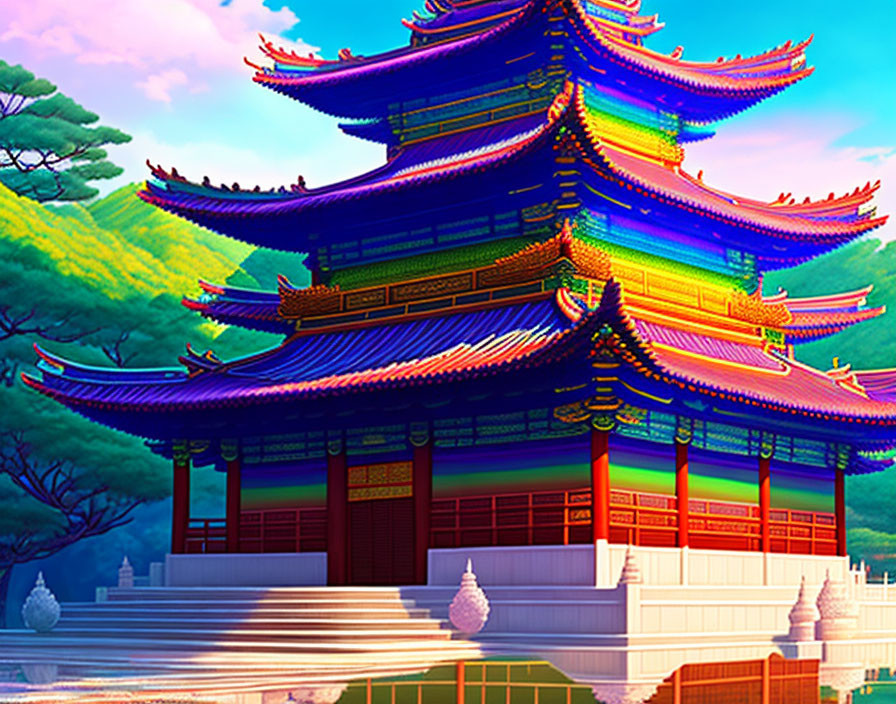 Vibrant Rainbow Pagoda Illustration with Trees and Sky