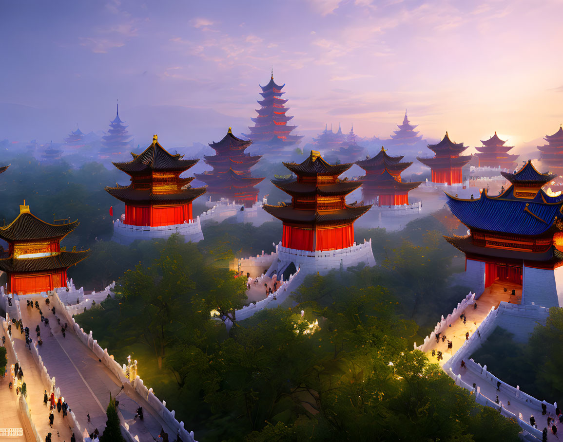 Ethereal Asian cityscape with pagodas and lush greenery