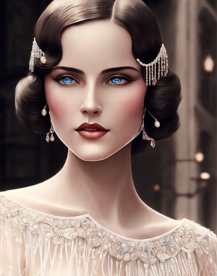 Portrait of Woman with Striking Blue Eyes and Vintage Elegance